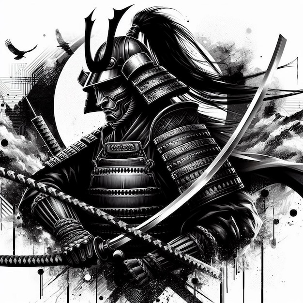 Foto realistico samurai illustrato sullo sfondo illustrazione di samurai in bianco e nero