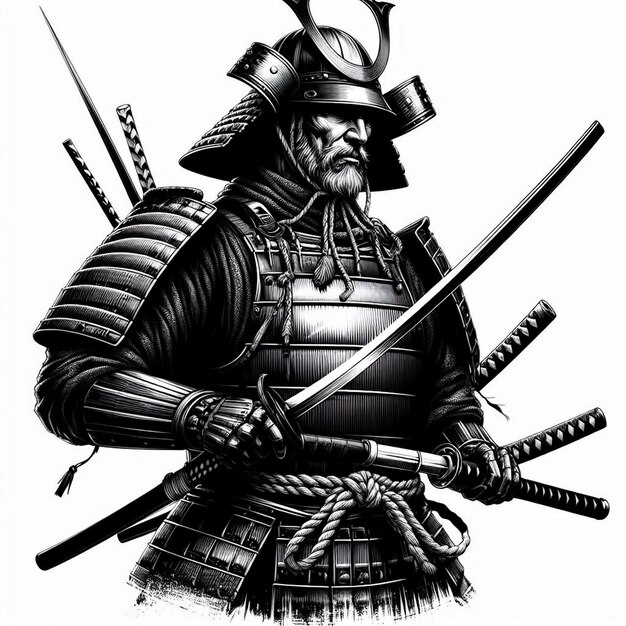 Foto realistico samurai illustrato sullo sfondo illustrazione di samurai in bianco e nero