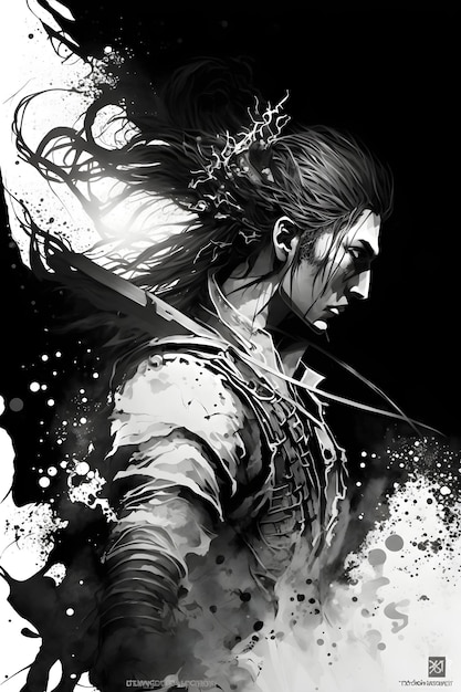 realistic samurai illustrated background, black and white samurai illustration