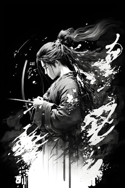 realistic samurai illustrated background, black and white samurai illustration