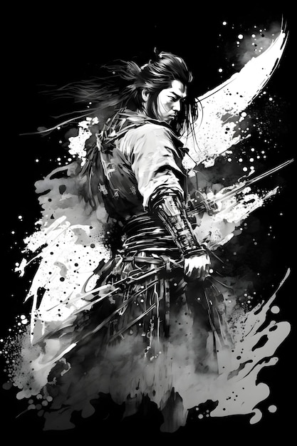 realistic samurai illustrated background, black and white samurai illustration