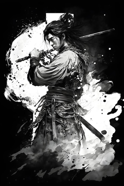 realistic samurai illustrated background, black and white samurai illustration