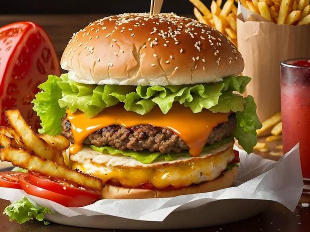 Realistic sandwich of beef burger and fries closeup