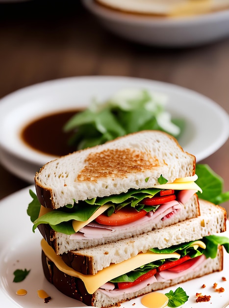 Реалистичный сэндвич уютный ресторан теплое освещение детализировано