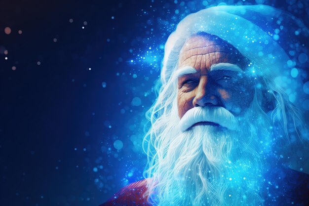 Foto babbo natale realistico con punti neurali blu, linee di connessione e punti luminosi generative ai