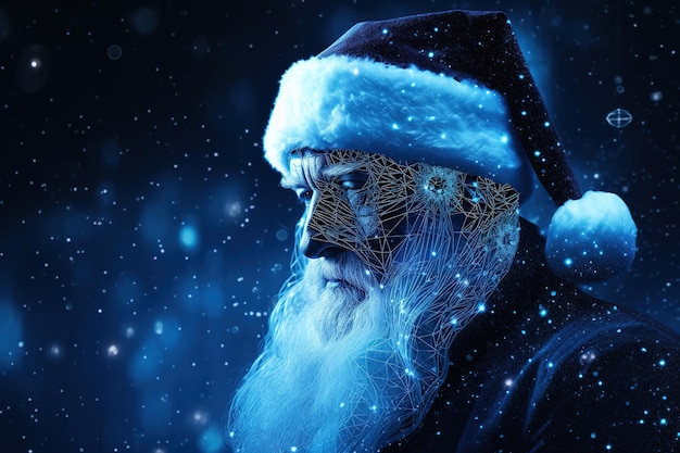 Realistic Santa Claus with blue neural connect dots lines and glowing dots Generative Ai