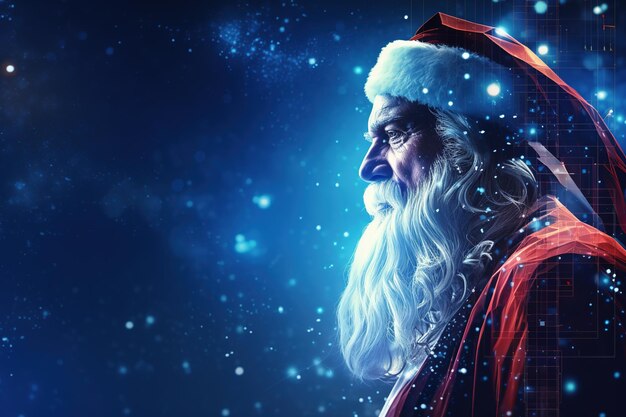 Realistic Santa Claus with blue neural connect dots lines and glowing dots Generative Ai