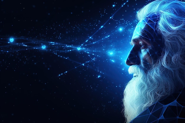 Realistic Santa Claus with blue neural connect dots lines and glowing dots Generative Ai