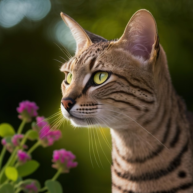 魅惑的な自然な屋外の背景に現実的なサバンナ猫