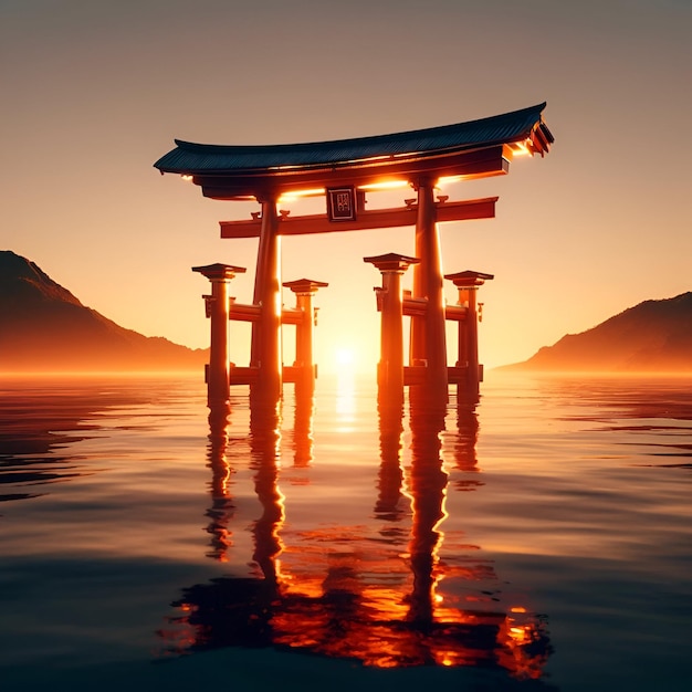 Photo realistic scene of a traditional japanese gate against a sunset sky for showa day