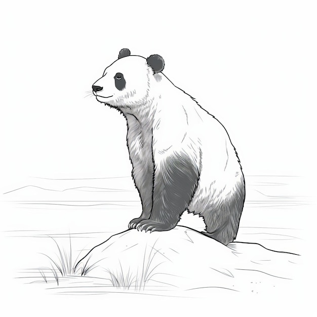 a realistic scenery drawing of a panda bear in the style of graphic novel sketches. the panda is depicted in light gray and black, set against the backdrop of northern china's terrain. the image is ca