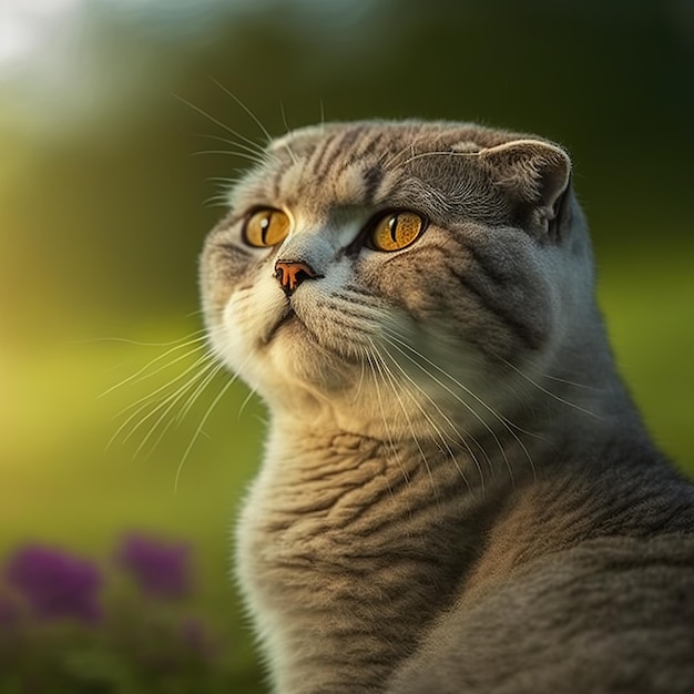 Realistic scottish fold cat on ravishing natural outdoor background