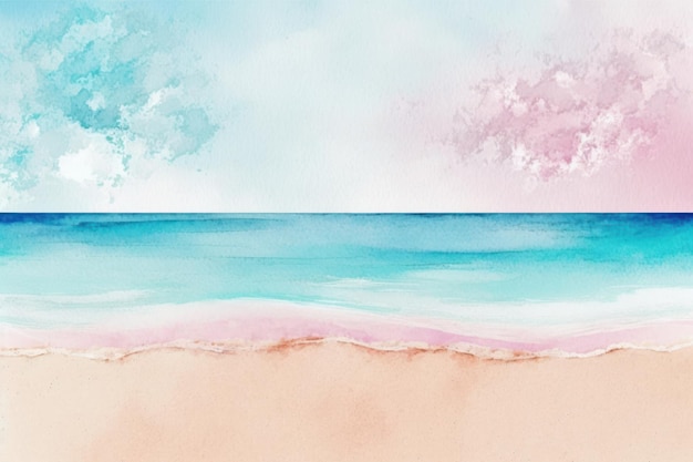 Realistic Sea beach background in watercolor style pink pastel color tone