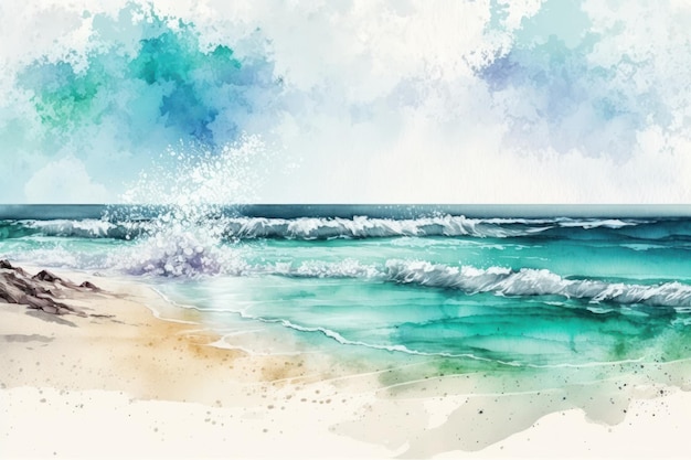 Realistic Sea beach background in watercolor style pink pastel color tone