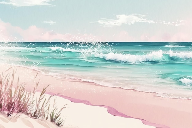 Realistic Sea beach background in watercolor style pink pastel color tone