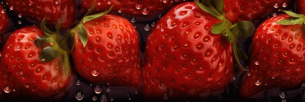 Realistic seamless pattern of fresh strawberries with drops of water banner background