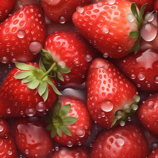 realistic seamless pattern of fresh strawberries with drops of water banner background