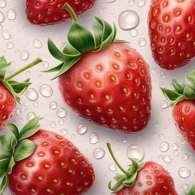 realistic seamless pattern of fresh strawberries with drops of water banner background