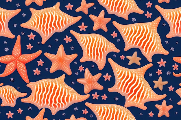 Realistic seamless pattern with starfishes shells and coral