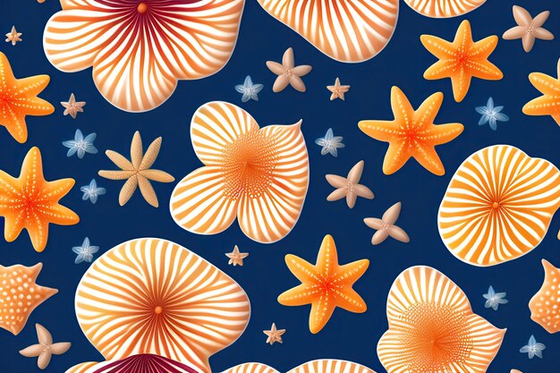 Реалистичный плавный рисунок с ракушками морских звезд и кораллами