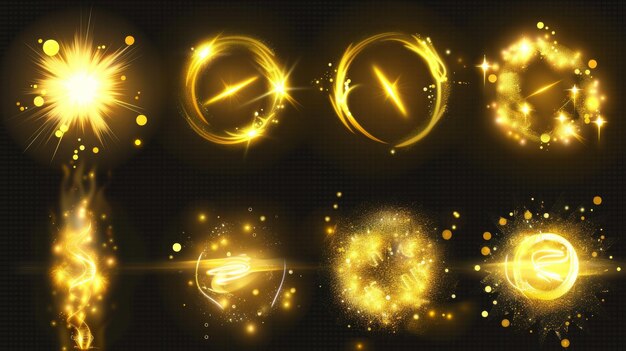 Photo a realistic set of golden lights isolated on transparent background modern illustration of yellow flash with shimmering particles magic energy explosion bokeh effect sunshine rays