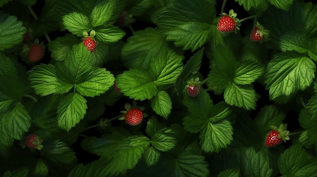 Realistic sharp photography of many strawberry leaves