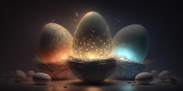 Реалистичные сияющие пасхальные яйца с орнаментом, сгенерированные AI