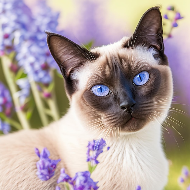 Realistic siamese cat on ravishing natural outdoor background