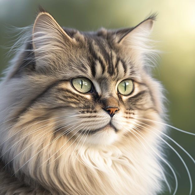 Realistic siberian cat on ravishing natural outdoor background