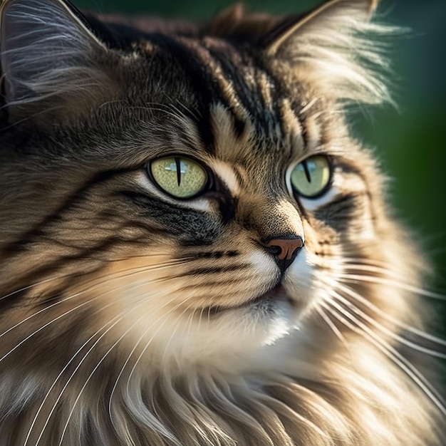 Realistic siberian cat on ravishing natural outdoor background