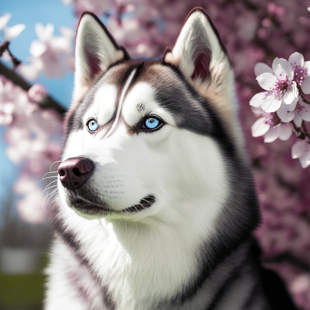 Realistic siberian husky dog on ravishing natural outdoor background