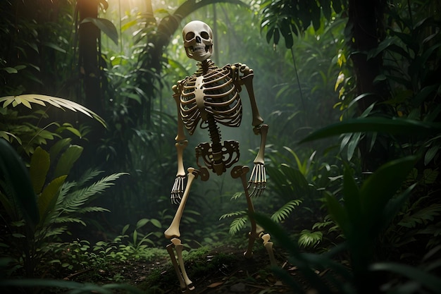 a realistic skeleton in the middle of a dense jungle