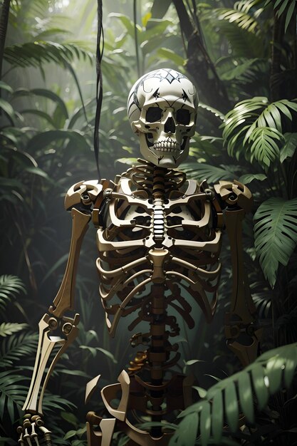 a realistic skeleton in the middle of a dense jungle