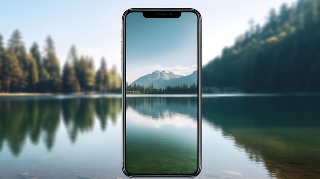 A realistic smartphone screen mockup against a tranquil lake