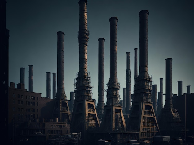 Realistic Smokestacks in a crowded city AI generated