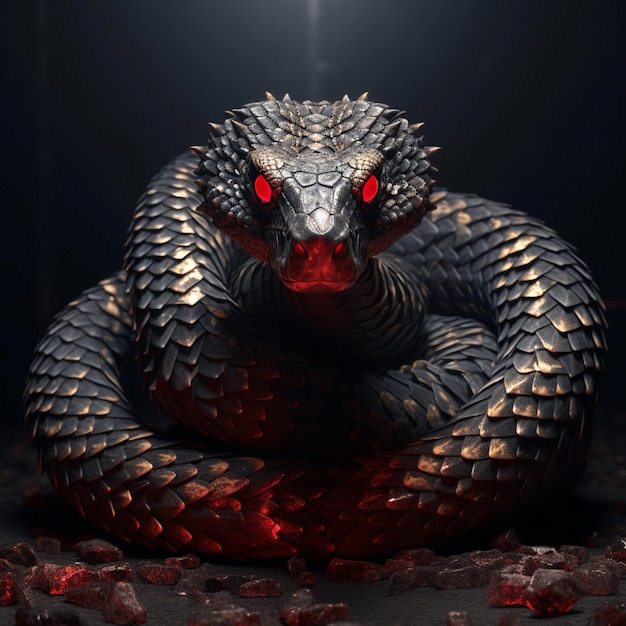 realistic snake with scales and red eyes with black background