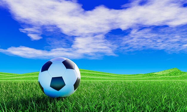 Realistic soccer ball or football ball basic pattern on a green grass field A vast bright green grass field or lawn with blue sky and white clouds 3D Rendering