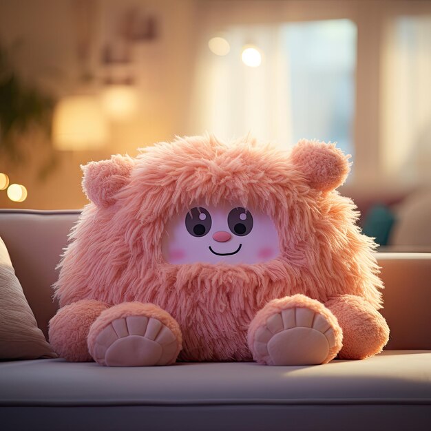 Photo realistic soft cute colorful cuddle toy with cute eyes for a little girl lies on a children's sofa