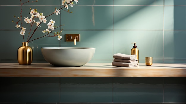 Realistic of spa like vanity unit with teal green ceramic wash basin modern brass f Generative AI