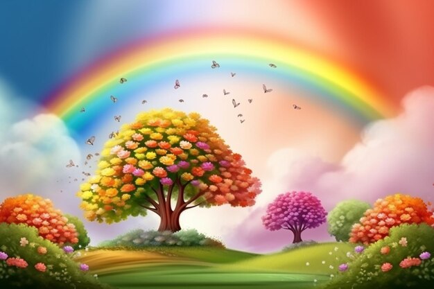 Realistic spring background with rainbow