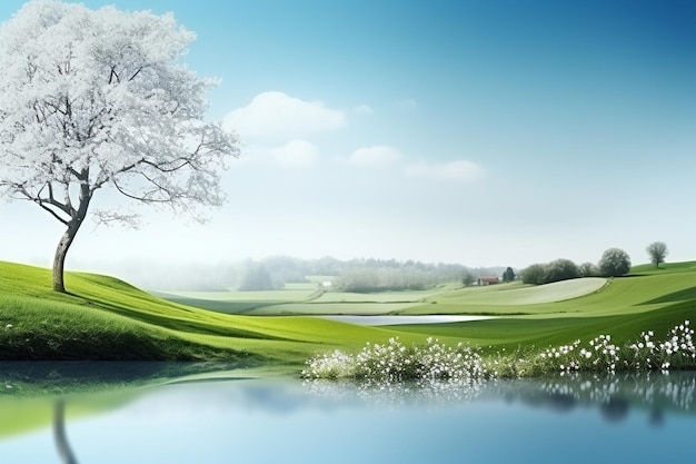 Realistic spring landscape with blurry elements background with copy space