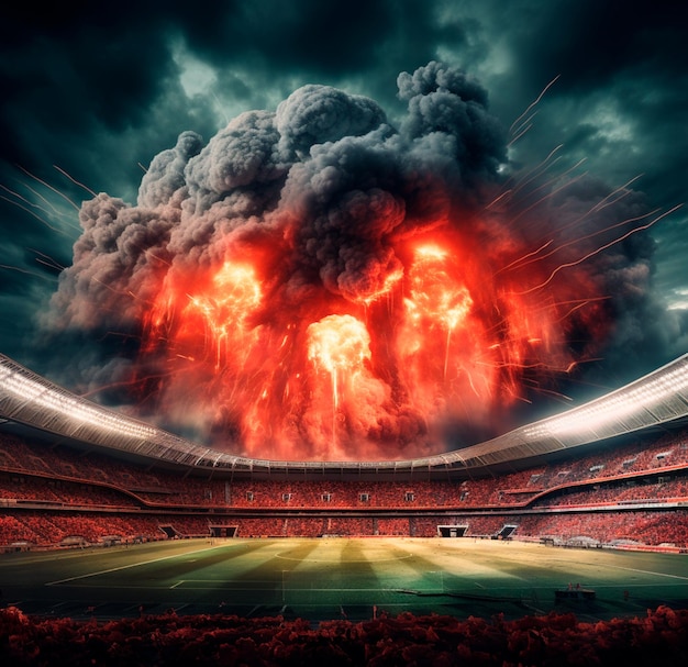 REALISTIC STADIUM PHOTO WITH RED SMOKE IN 4K