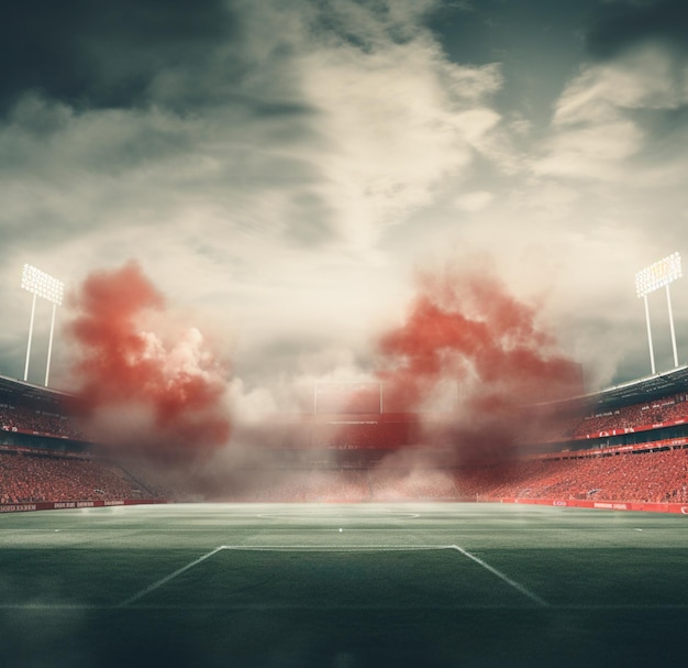 REALISTIC STADIUM PHOTO WITH RED SMOKE IN 4K