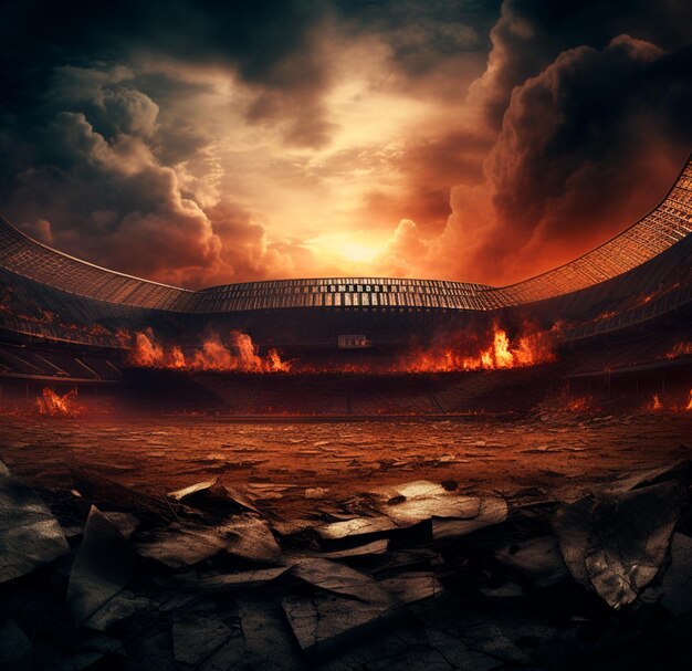 REALISTIC STADIUM PHOTO WITH SMOKE AND FIRE IN 4K