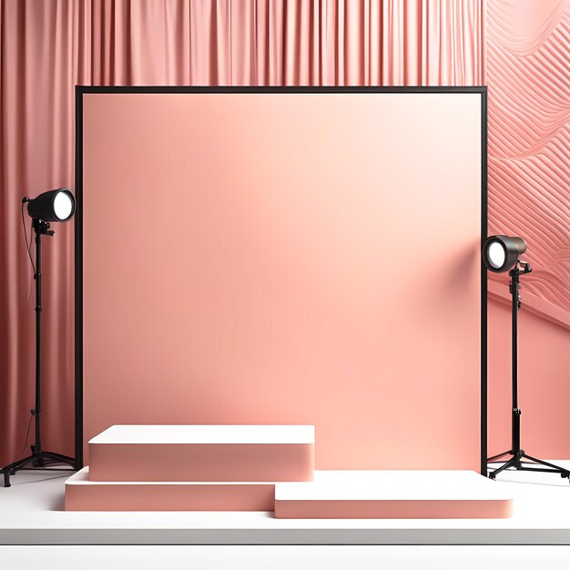 A realistic stand or set of podiums with a background of roundshaped layers a pastel palette for