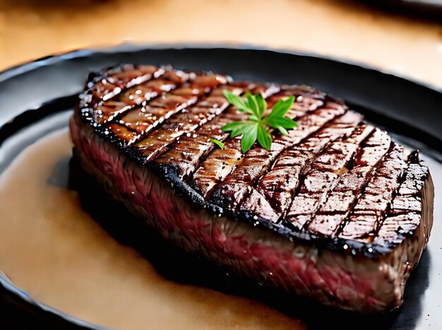 Photo realistic steak with neutral colors warm lighting detailed coziness restaurant offers a cozy atmosphere with no one around generative ai generated