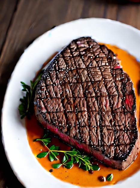 Photo realistic steak with warm lighting in highly detailed cozy atmosphere set in a neutral colored restaurant with closeup no customers generative ai generated