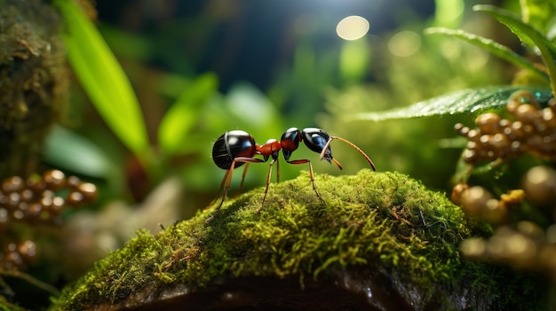 Realistic Still Life Ant On Moss With Dramatic Lighting