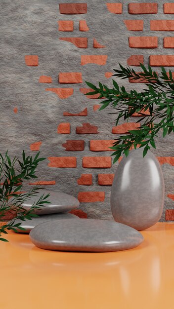 realistic stone podium with brick wall and treE