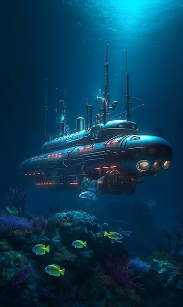 Realistic submarine on deep sea with coral and fish generative ai